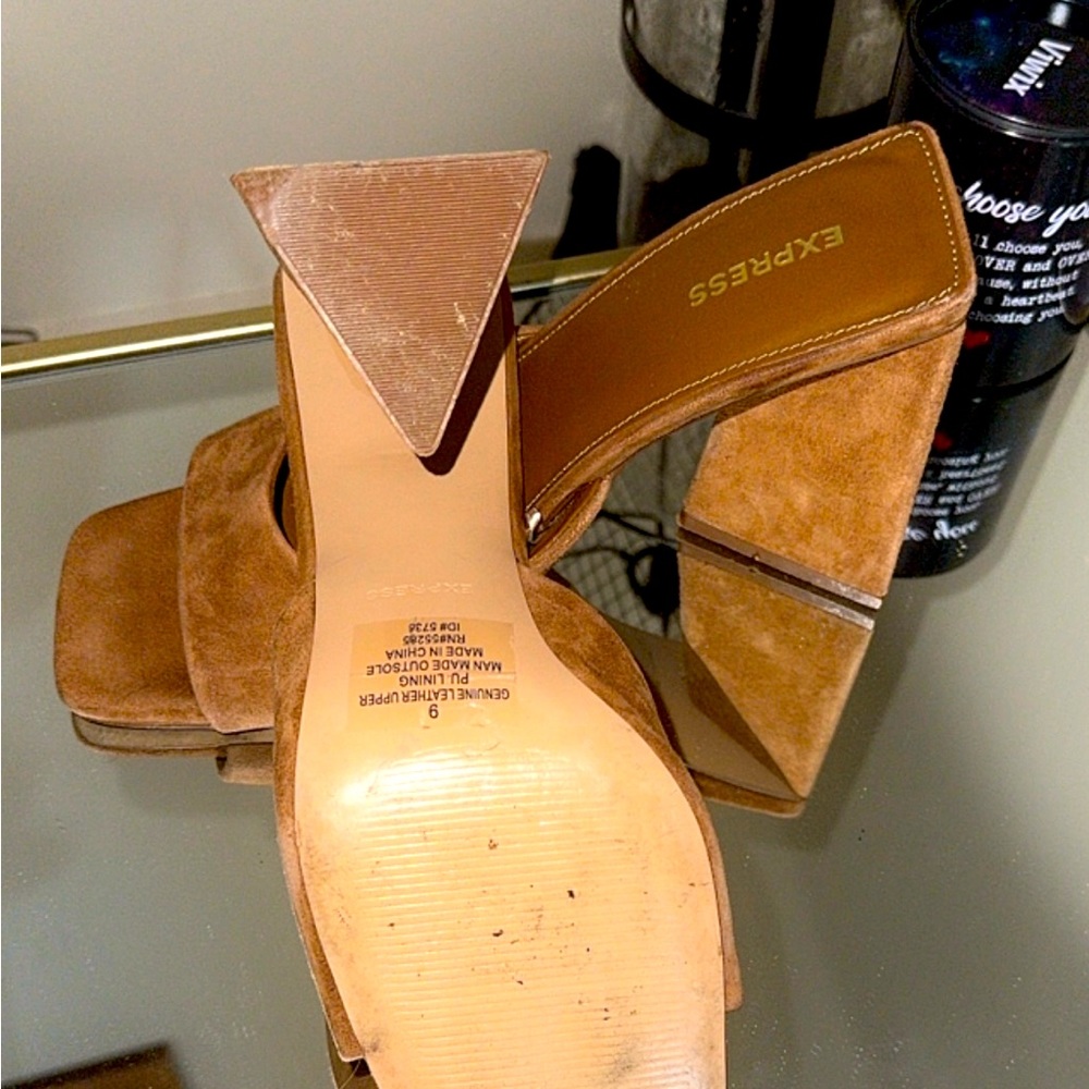 Tan suede dress slide with triangular heel, great support, comfy and stylish
